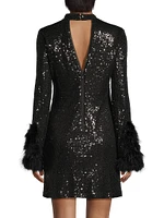 Sequined Feather-Cuff Minidress