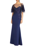 Verona Semi-Sheer Floral-Embroidered Gown
