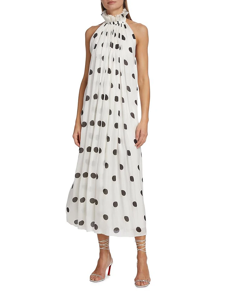 Pleated Polka-Dot Midi-Dress