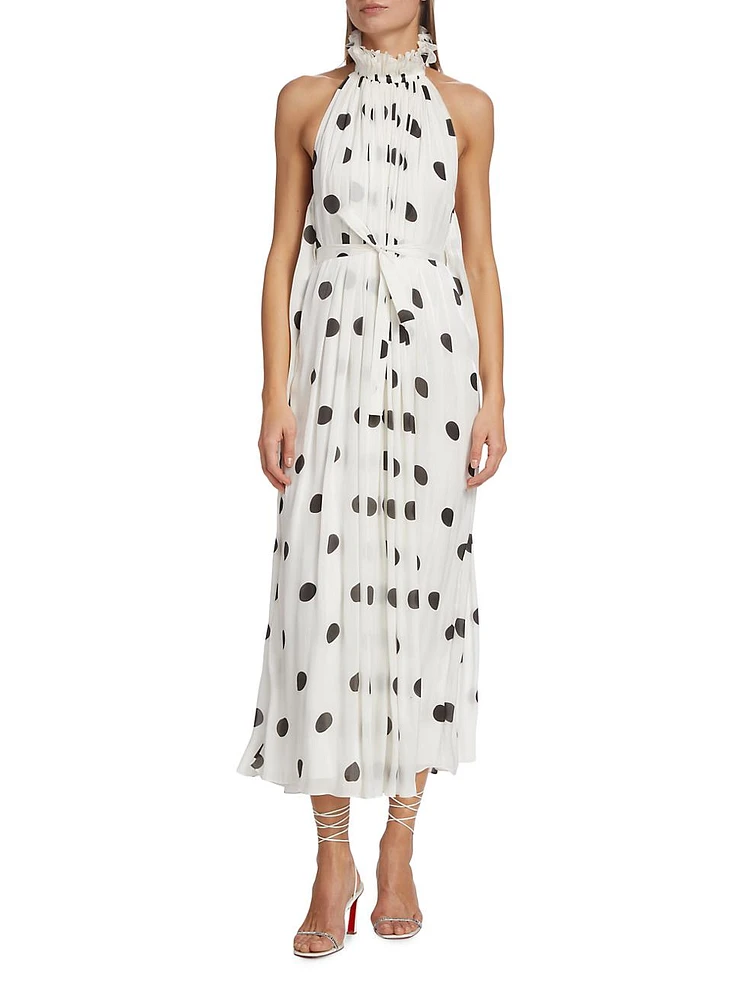 Pleated Polka-Dot Midi-Dress