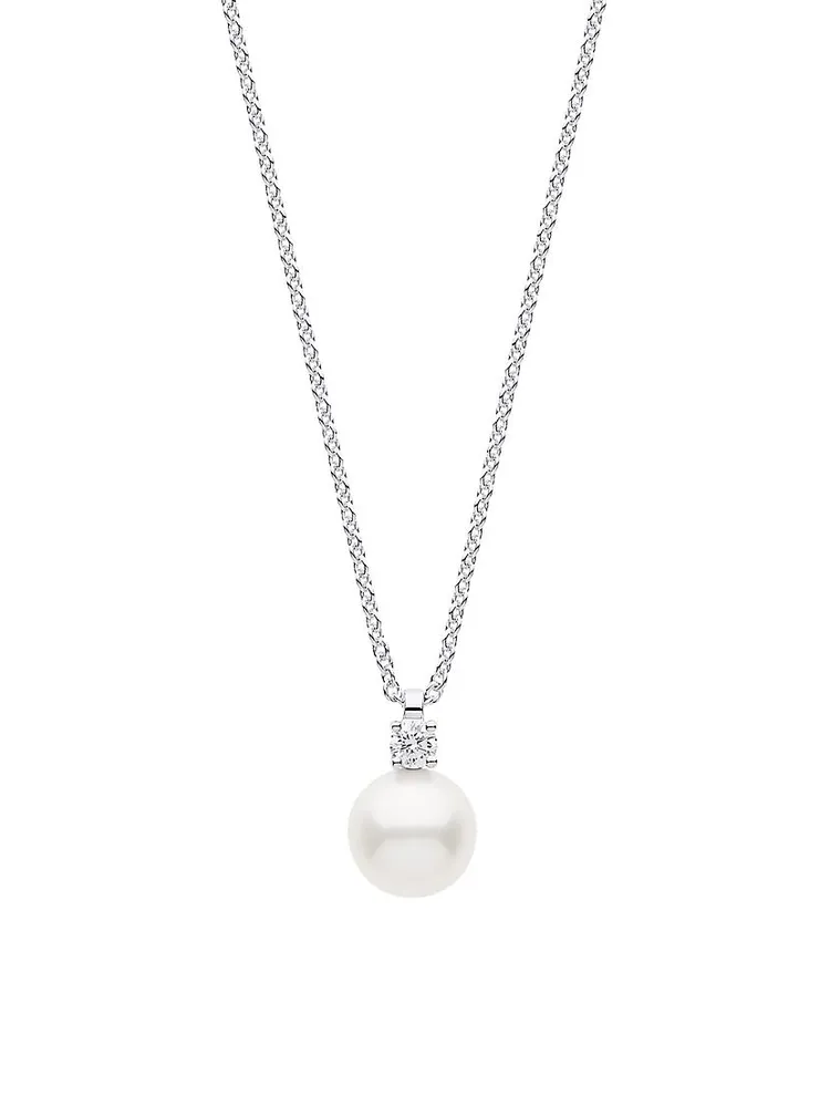 18K White Gold, 0.09 TCW Diamond & Akoya Pearl Pendant Necklace