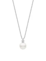 18K White Gold, 0.09 TCW Diamond & Akoya Pearl Pendant Necklace
