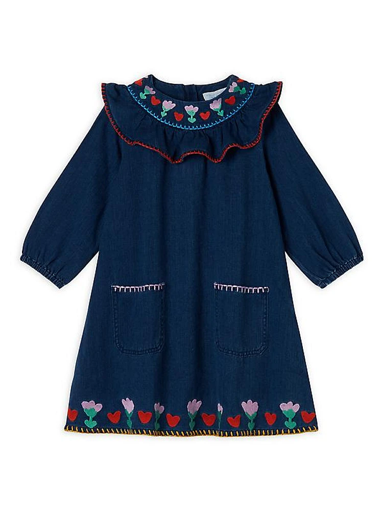 Little Girl's & Girl's Floral Embroidered Denim Dress