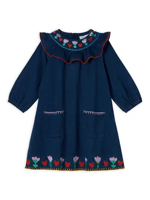 Little Girl's & Floral Embroidered Denim Dress