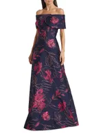 Floral Jacquard Off-The-Shoulder Gown