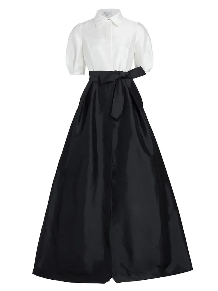 Puff-Sleeve Taffeta Shirtwaist Gown