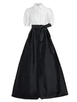 Puff-Sleeve Taffeta Shirtwaist Gown