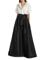 Puff-Sleeve Taffeta Shirtwaist Gown