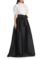 Puff-Sleeve Taffeta Shirtwaist Gown