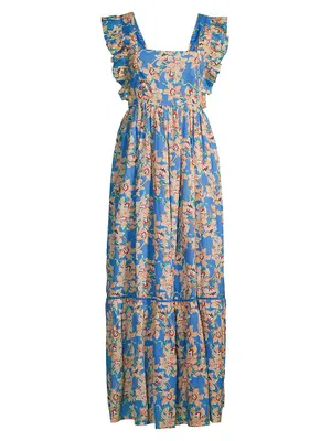 Priscilla Floral Flutter-Sleeve Maxi Dress