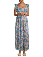 Priscilla Floral Flutter-Sleeve Maxi Dress