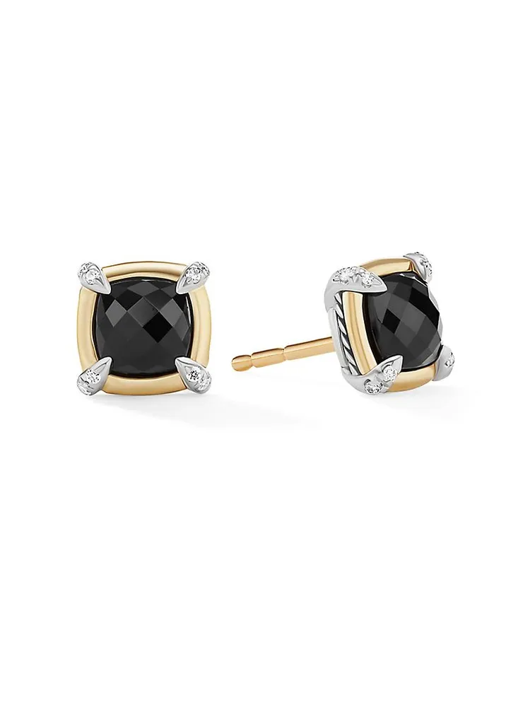 Petite Châtelaine Stud Earrings With Gemstones, 18K Gold Bezel & Pavé Diamonds