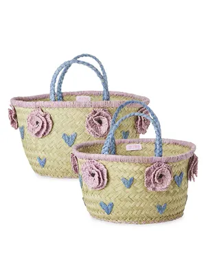 Flower Embroidery Raffia Storage Basket, Set Of 2