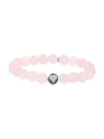 Sterling Silver, Rose Quartz & 0.08 TCW Diamond Beaded Stretch Bracelet