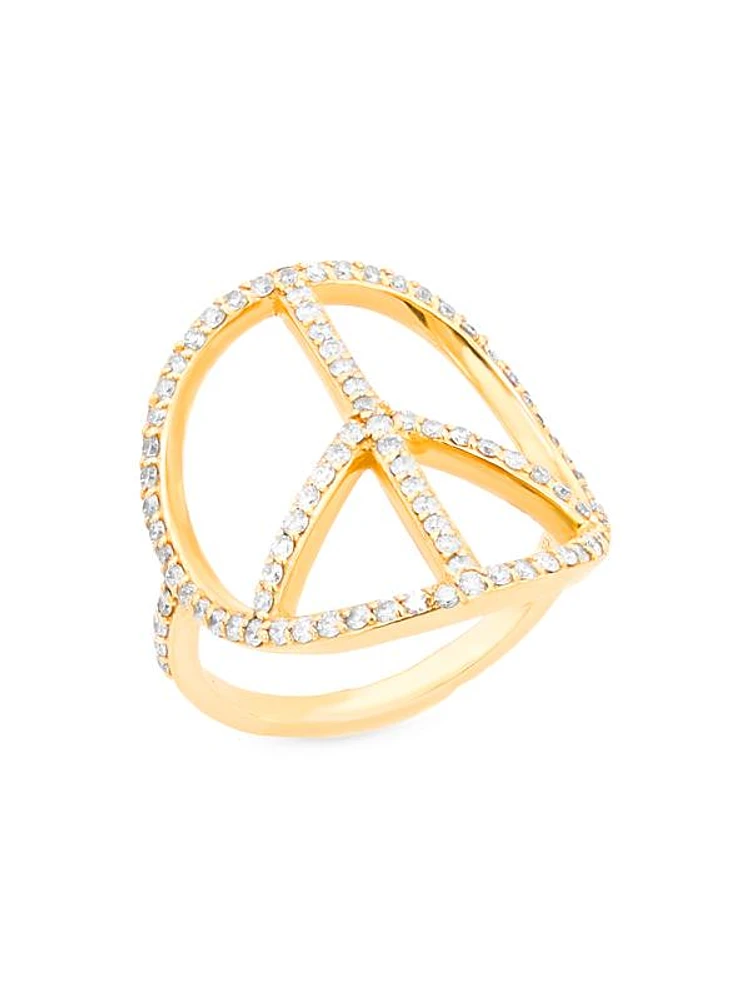 14K Yellow Gold & 0.95 TCW Diamond Peace Sign Ring