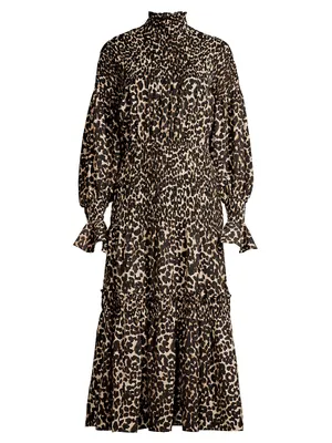 Leopard Print Smocked Midi-Dress