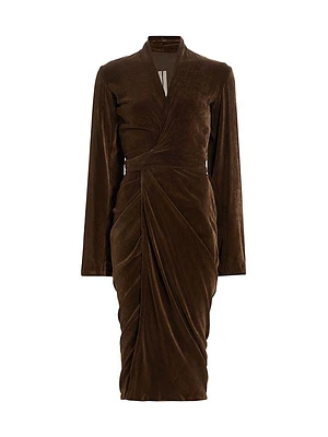 Long-Sleeve Velvet Wrap Midi-Dress