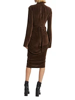 Long-Sleeve Velvet Wrap Midi-Dress