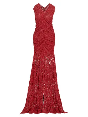 Ruched V-Neck Crochet Gown