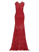 Ruched V-Neck Crochet Gown