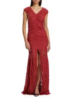 Ruched V-Neck Crochet Gown