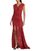 Ruched V-Neck Crochet Gown