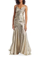 Draped Lamé Mousseline V-Neck Gown