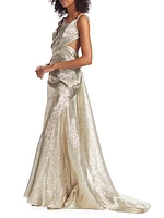 Draped Lamé Mousseline V-Neck Gown