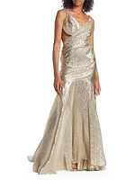 Draped Lamé Mousseline V-Neck Gown