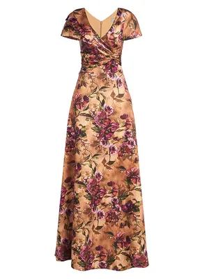 Nina Twisted & Draped Floral Satin A-Line Gown