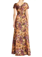 Nina Twisted & Draped Floral Satin A-Line Gown