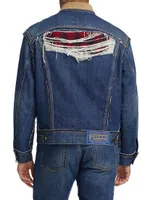 Distresed Flannel-Lined Denim Trucker Jacket