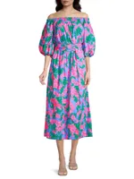 Shawlee Belted Floral Cotton Midi-Dress