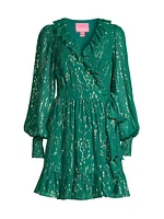 Birdy Metallic Clip-Dot Ruffle Wrap Dress