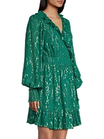 Birdy Metallic Clip-Dot Ruffle Wrap Dress