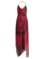 Asymmetric Silk Rose Midi-Dress