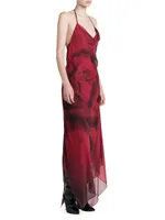 Asymmetric Silk Rose Midi-Dress