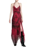 Asymmetric Silk Rose Midi-Dress