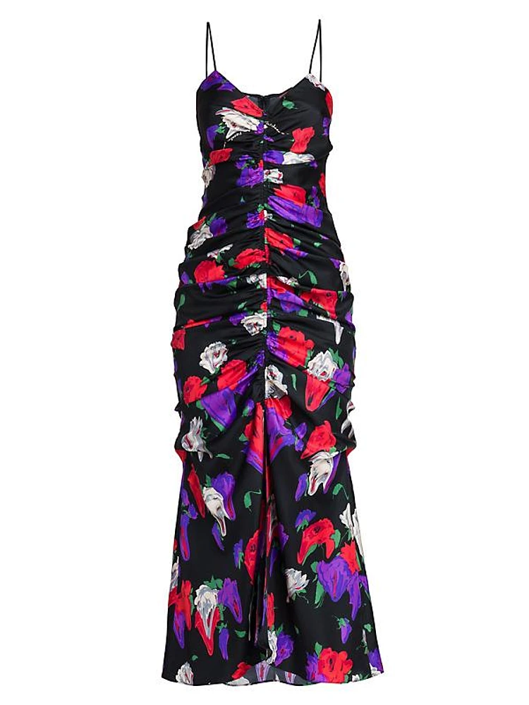 Ruched Floral Silk Midi-Dress