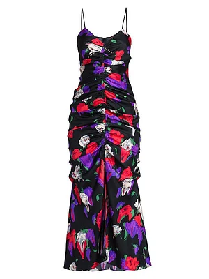 Ruched Floral Silk Midi-Dress