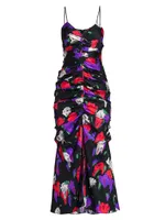 Ruched Floral Silk Midi-Dress
