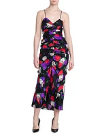 Ruched Floral Silk Midi-Dress