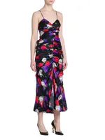 Ruched Floral Silk Midi-Dress