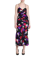 Ruched Floral Silk Midi-Dress