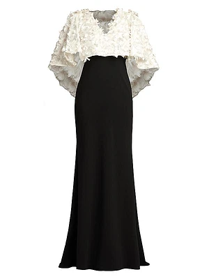 3D Floral Cape-Sleeve Gown