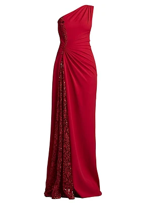 One-Shoulder Lace-Insert Gown