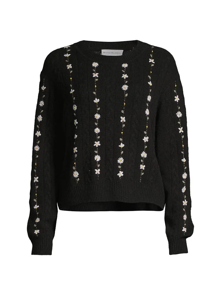 Cashmere Floral Embroidered Cable Crewneck Sweater