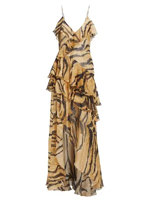 Alva Ruffled Animal-Print Maxi Dress