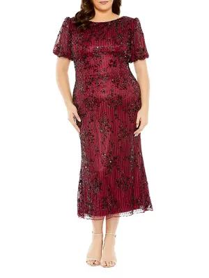 Embellished Tulle Puff-Sleeve Midi-Dress
