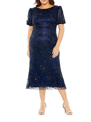 Plus Embellished Tulle Puff-Sleeve Midi-Dress